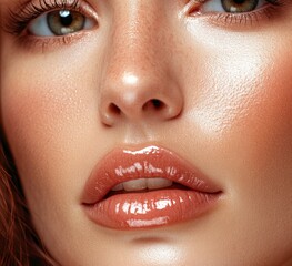 Wall Mural - Close-up of a beautiful woman's face with smooth, clear skin, minimal makeup, glossy lips, high-resolution photography, soft lighting, beauty magazine cover