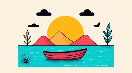 Poster - Transportation, A flat illustration of a rowboat on a calm lake, showcasing high fidelity and vibrant colors.