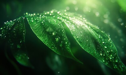 Wall Mural - Macro shot of a vibrant green fern leaf with dew-covered edges, illuminated by soft natural light for a fresh botanical aesthetic