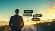 © Sarawut - A corporate leader standing at a fork in the road, with signs directing him toward either a 'Fixed Mindset' or a 'Growth Mindset.'