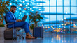 © Premium - businessman blue suit sits chair with laptop, surrounded by luggage modern airport setting. ambiance is vibrant with city lights background, creating professional yet relaxed atmosphere