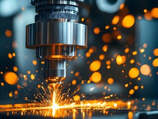 Leinwandbilder - Industrial Laser Cutting Machine Producing Sparks and Metal Shavings