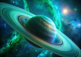 macro zoom: alien planet with green rings & nebula - stunning space scene