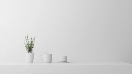 A minimalist white desk with a small potted plant and two cups, creating a clean and serene workspace aesthetic.