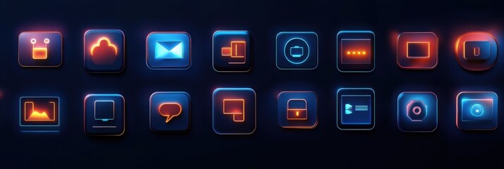 Flat technology icons with sleek minimalist style and glowing highlights