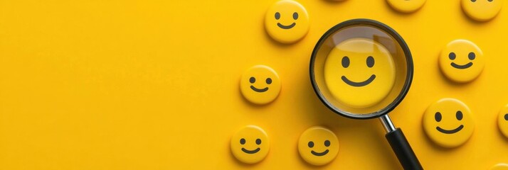 Aufkleber - Magnifying glass focusing on smiley faces against a bright yellow background creates a cheerful atmosphere. Generative AI