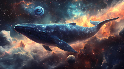 Wall Mural - a large blue whale swims in the vastness of space, surrounded by stars, planets, and a swirling nebu