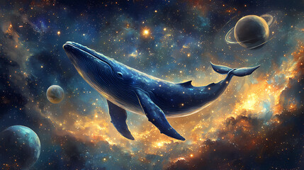 Wall Mural - a large blue whale swims in the vastness of space, surrounded by stars, planets, and a swirling nebu