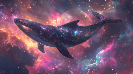Wall Mural - A radiant cosmic whale, shimmering with the colors of vibrant stars, swims elegantly through a vast galaxy filled with nebulae and soft celestial light. Surreal Galactic Whale. Illustration