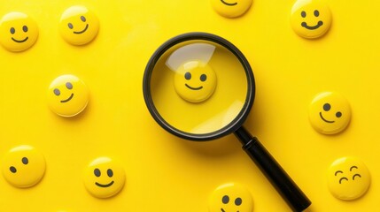 Aufkleber - Magnifying glass focusing on a smiling button on a vibrant yellow background surrounded by other smiley buttons. Generative AI
