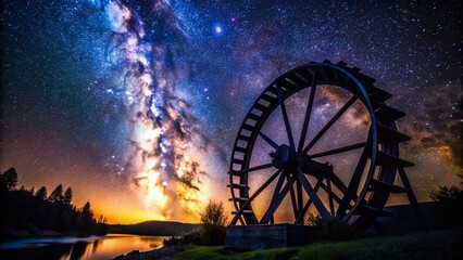 Wall Mural - Majestic Milky Way Galaxy over Rustic Water Wheel at Night - Silhouette Photography