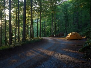sunny forest campsite, morning light