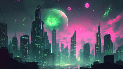 Wall Mural - night cityscape with skyscrapers, glowing in neon green and pink, space nebula and distant planets i