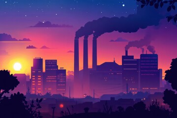 Fototapete - Colorful sunset over a city skyline with smoke stacks and industrial buildings. Generative AI
