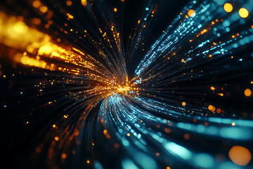 Futuristic data flow concept with glowing fiber optic cables and light streaks on a dark background