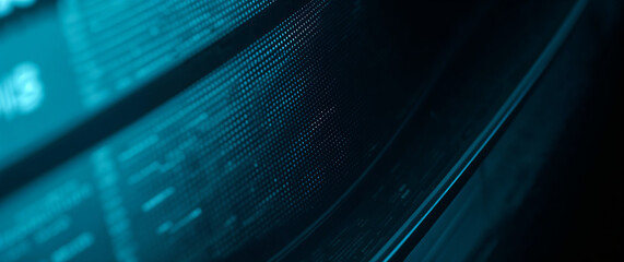 Curved screen showing programming code in turquoise tones