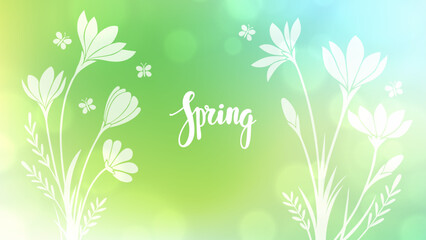 Fototapete - Hello Spring. Hand lettering and spring flowers for Springtime season greetings and invitations. Blurred background. Vector illustration.