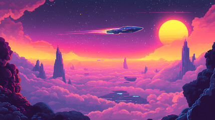 Wall Mural - a futuristic cityscape on an alien planet, with a spaceship flying over clouds and a glowing nebula 