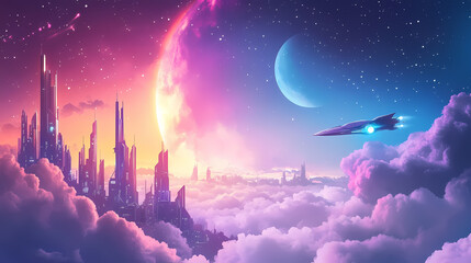 Wall Mural - a futuristic cityscape on an alien planet, with a spaceship flying over clouds and a glowing nebula 