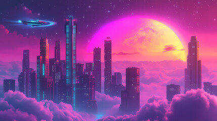 Wall Mural - a futuristic cityscape on an alien planet, with a spaceship flying over clouds and a glowing nebula 