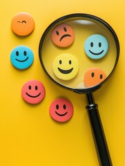Poster - Magnifying glass highlighting various smiley face tokens on a yellow background, representing emotions and expressions. Generative AI