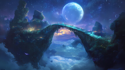 grand celestial bridge spanning two floating land masses under a luminous moon. mystical celestial b