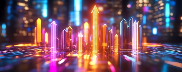 Poster - Cityscape on a silver tray with glowing arrows rising, futuristic digital elements, neon lights, advanced technology design