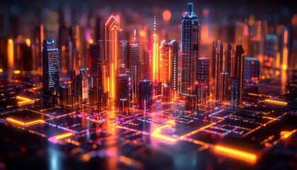 Aufkleber - Digital city on a reflective silver tray, glowing upward arrows, futuristic neon skyline, hightech architecture