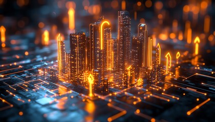 Aufkleber - Digital city on a reflective silver tray, glowing upward arrows, futuristic neon skyline, hightech architecture