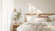 © MIKA - Minimalist Scandinavian bedroom with soft white and pale oak tones, featuring crisp linen bedding, cozy knit throw, and simple wooden bedside table, bathed in natural light.