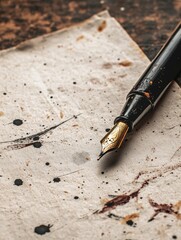 Aufkleber - Ink and quill resting on textured old paper with splatters showcasing the art of writing. Generative AI