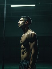 Aufkleber - Muscular man showcasing dedication to fitness with intense focus in gym during late evening workout. Generative AI