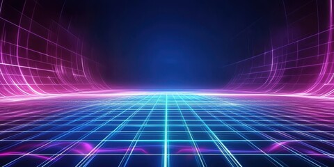 Wall Mural - abstract neon grid background with glowing 3d perspective, high-tech digital textures, and immersive