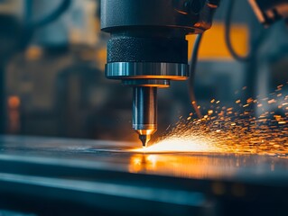 Poster - Precision Laser Cutting Machine Creating Metal Sparks and Shine