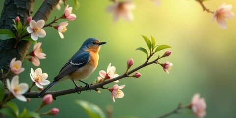 Naklejka na meble A small songbird perched delicately on a blossoming branch, bathed in the warm glow of the morning sun, amidst a profusion of delicate pink and white flowers, a tranquil springtime scene