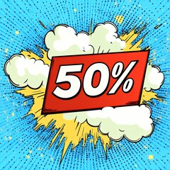 Aufkleber - Big 50 percent off sale announcement in retro comic book style on bright background perfect for fashion promotions. Generative AI