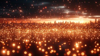 Wall Mural - Glowing city skyline at sunset with sparkling particles.