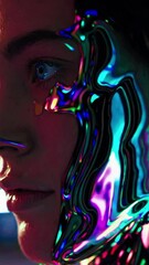Poster - a captivating close-up shows a face merging with vibrant colors and abstract patterns. the intriguin