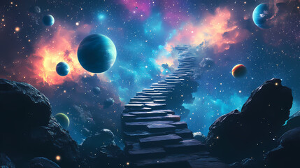 Wall Mural - surreal pathway to outer space with floating planets and starry sky. infinite cosmic stairway. illus