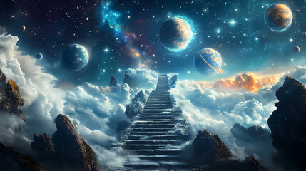 Wall Mural - surreal pathway to outer space with floating planets and starry sky. infinite cosmic stairway. illus