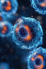 close-up of illuminated colorful biological cells under the microscope