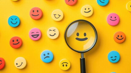 Aufkleber - Happy faces on colorful buttons with a magnifying glass highlighting a smiley face on a bright yellow background. Generative AI