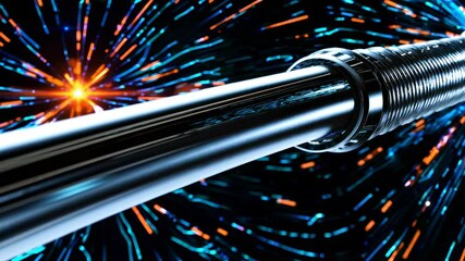 Wall Mural - light pulses dance through chrome-plated optical connector. network data streams illuminate industri