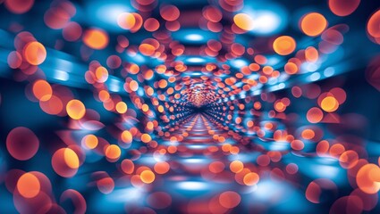 Abstract tunnel of blue and red bokeh lights with perspective effect and depth of field