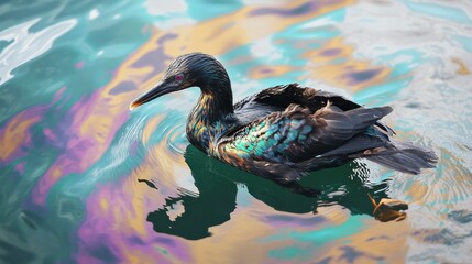 Wall Mural - oil spill creates rainbow sheen on ocean surface while seabird struggles to survive in polluted wate
