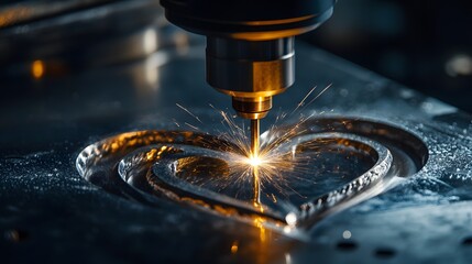Poster - Laser Cutting Process Creating Heart Shape in Metal Sheet