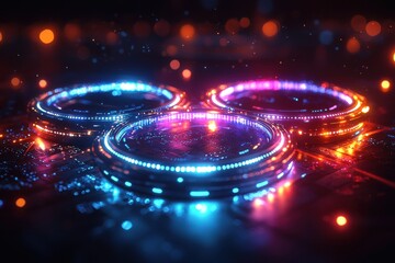 Wall Mural - futuristic glowing holographic circles with dynamic red and blue light effects