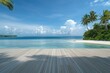 © Waris - Wooden floor with a beautiful beach and palm tree background, a product display backdrop