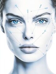 Aufkleber - Detailed medical illustration of a female face with Botox injection points highlighted for aesthetic procedures. Generative AI