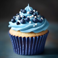Wall Mural - Delicious blue cupcake topped with creamy frosting and fresh berries ready for a sweet treat